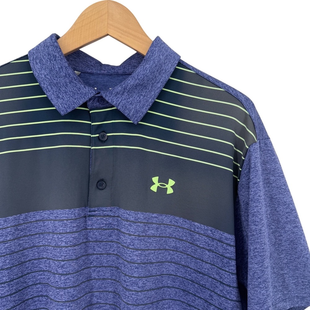 Under Armour Mens Playoff Polo Shirt XL Blue/ Purple Heather Neon Green Striped